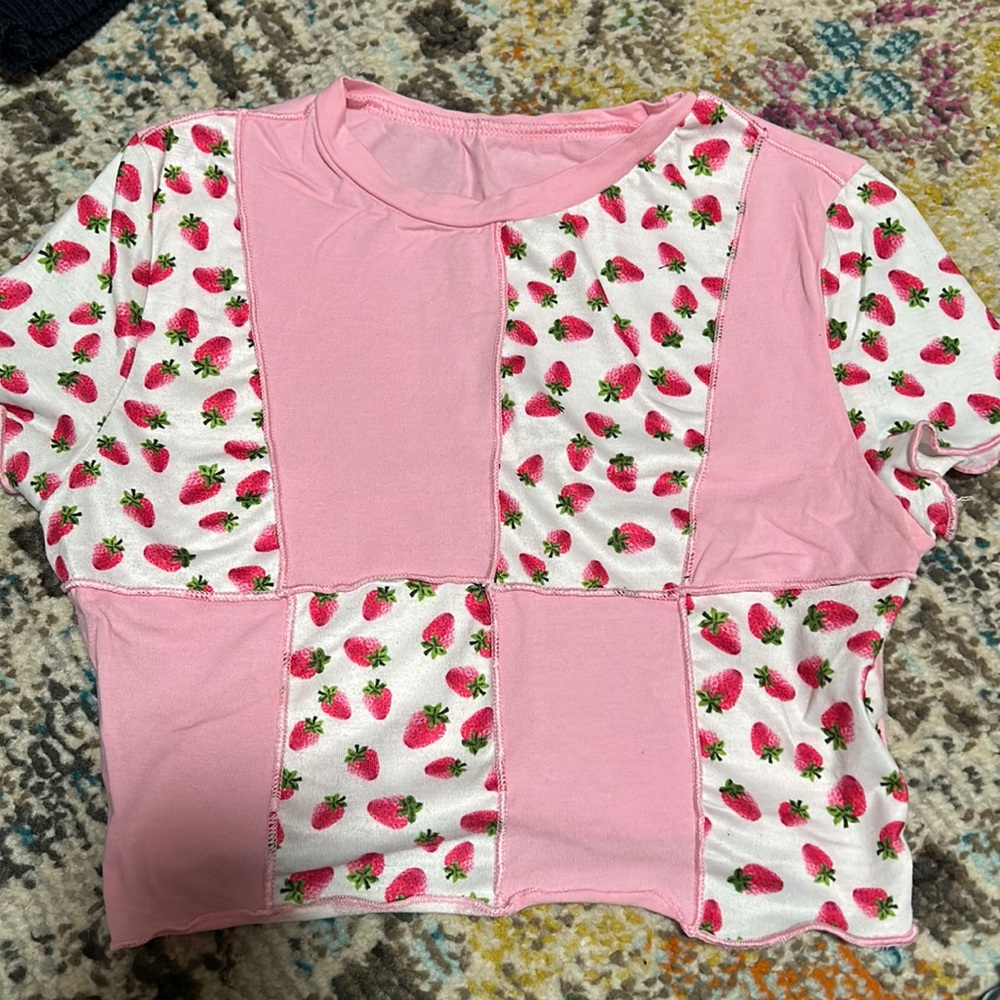 Cute pink strawberry crop top shirt.